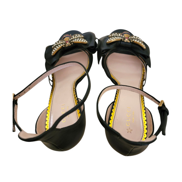 Gucci Bee Queen Margaret High Heels Sandals Bow Black Leather 8 38 New - Picture 8 of 12